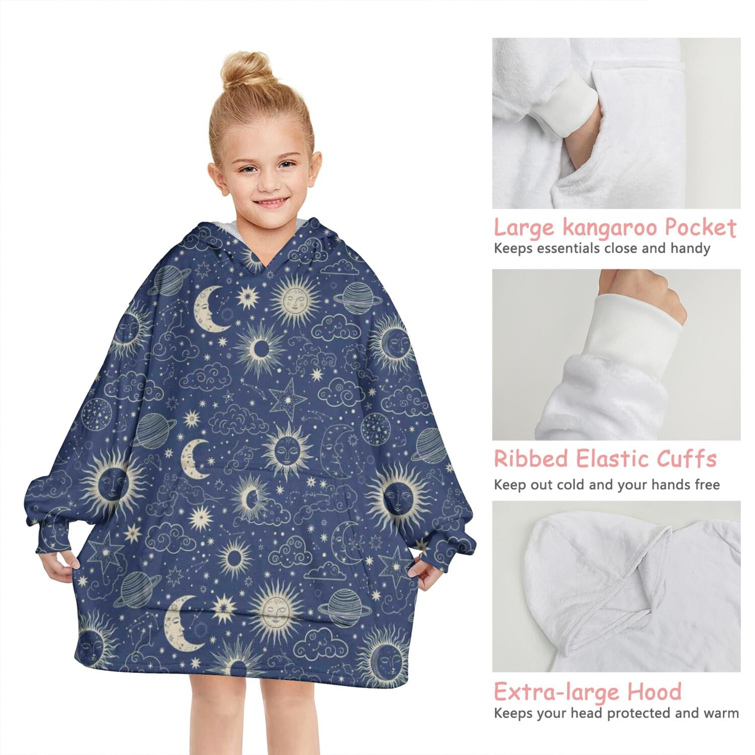 Dark Blue Celestial Pattern Blanket Hoodies for Kids 6-13YR Oversize Wearable Blanket Hoodies for Boys Girls Teens