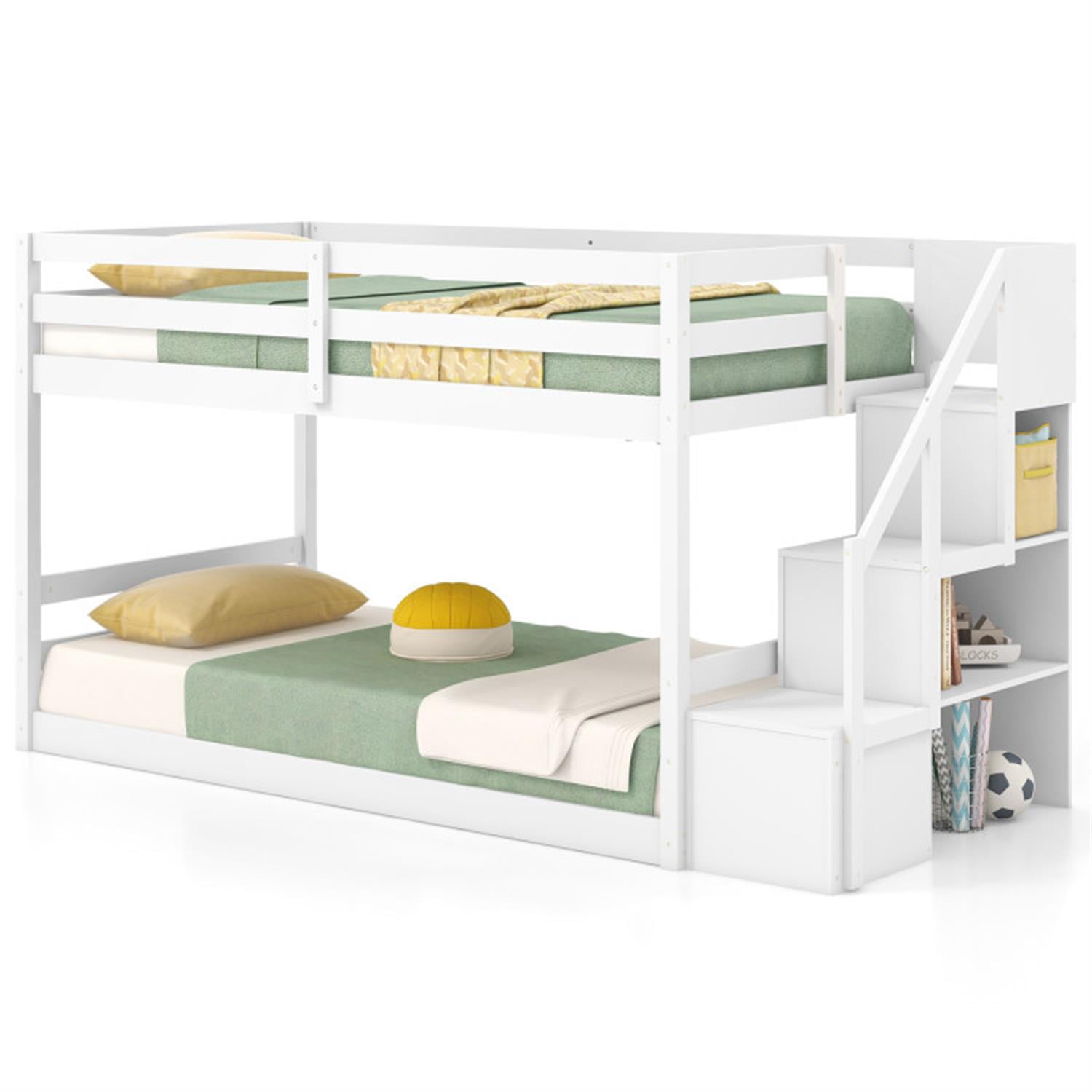 Demi Bonn Twin Over Twin Low Bunk Bed with Storage Stairs, Solid Wood Floor Bunkbeds Frame for Bedroom, No Box Spring Needed, White