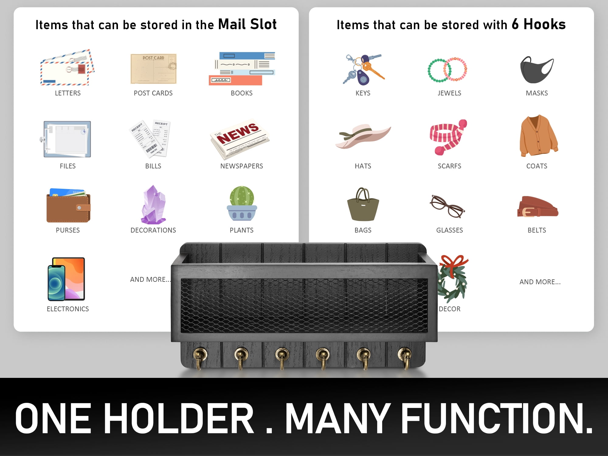 Rebee Vision Key Holder Wall Mount - Farmhouse Key Rack Mail Organizer with 6 Key Hooks & Mesh Basket (Black, 13-inch)
