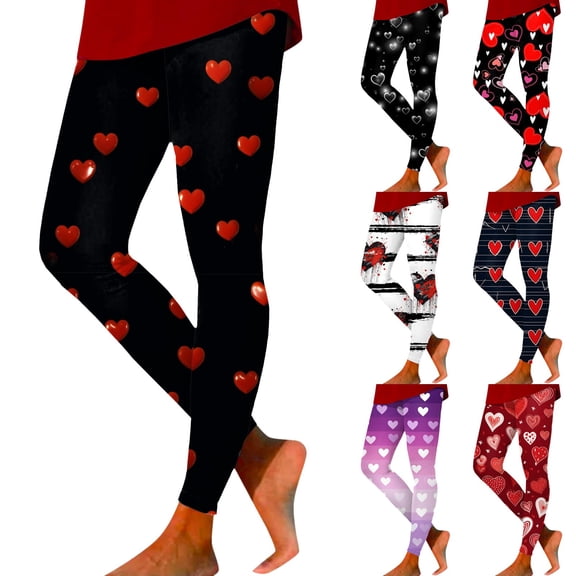 COMVALUE Valentines Leggings for Women High Waisted Stretch Love Heart Printed Yoga Pants Trendy Running Tights (Dark Blue, XL)