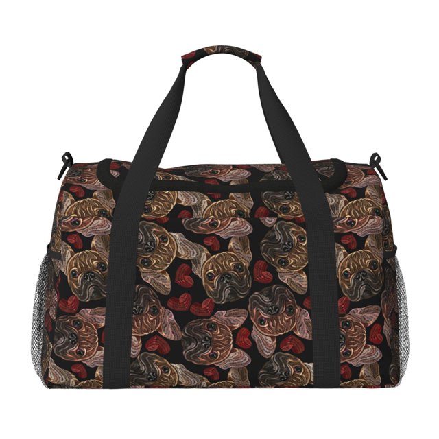 Balery Hearts and French Bulldog Bolsa de Gimnasio para Mujeres, Bolsa de Viaje con Bolsillo Húmedo, Bolsa de Fin de Semana para Mujeres, Bolsa de Viaje Resistente al Agua