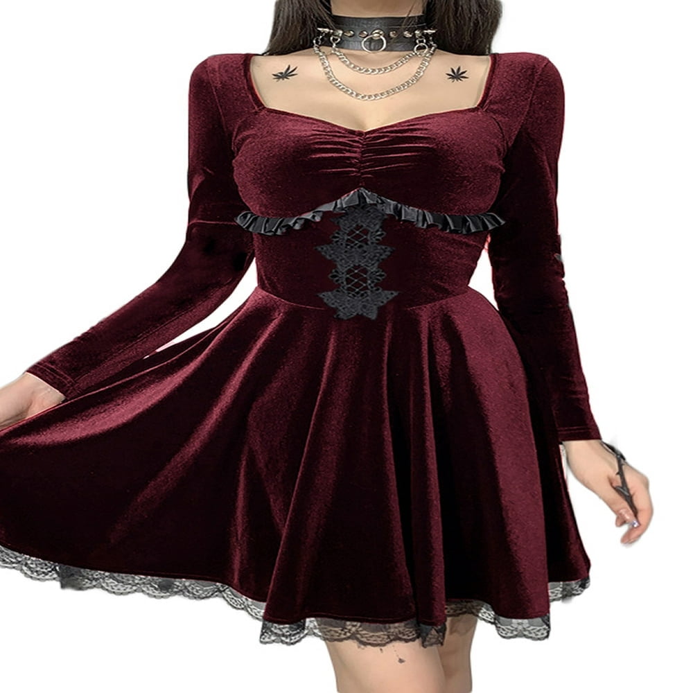 Women Vintage A Line Velvet Dress Short Long Sleeve Gothic Dress Flare Velvet Cocktail Party Mini Dress Black L Walmart