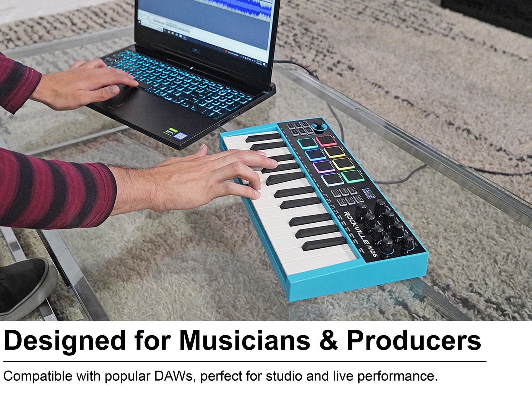 Rockville M25 25 Key USB Wireless MIDI Keyboard Controller With Bluetooth+8 Pads