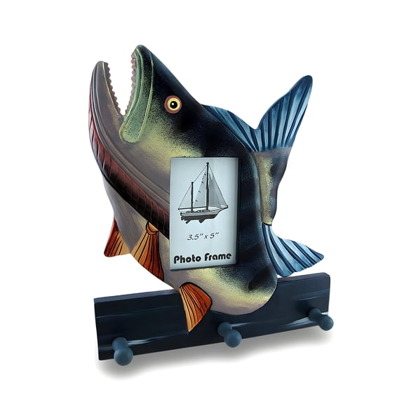 Zeckos Multicolor Wood Bass 3.5 x 5 inch Decorative Hanging Photo Frame with Hooks