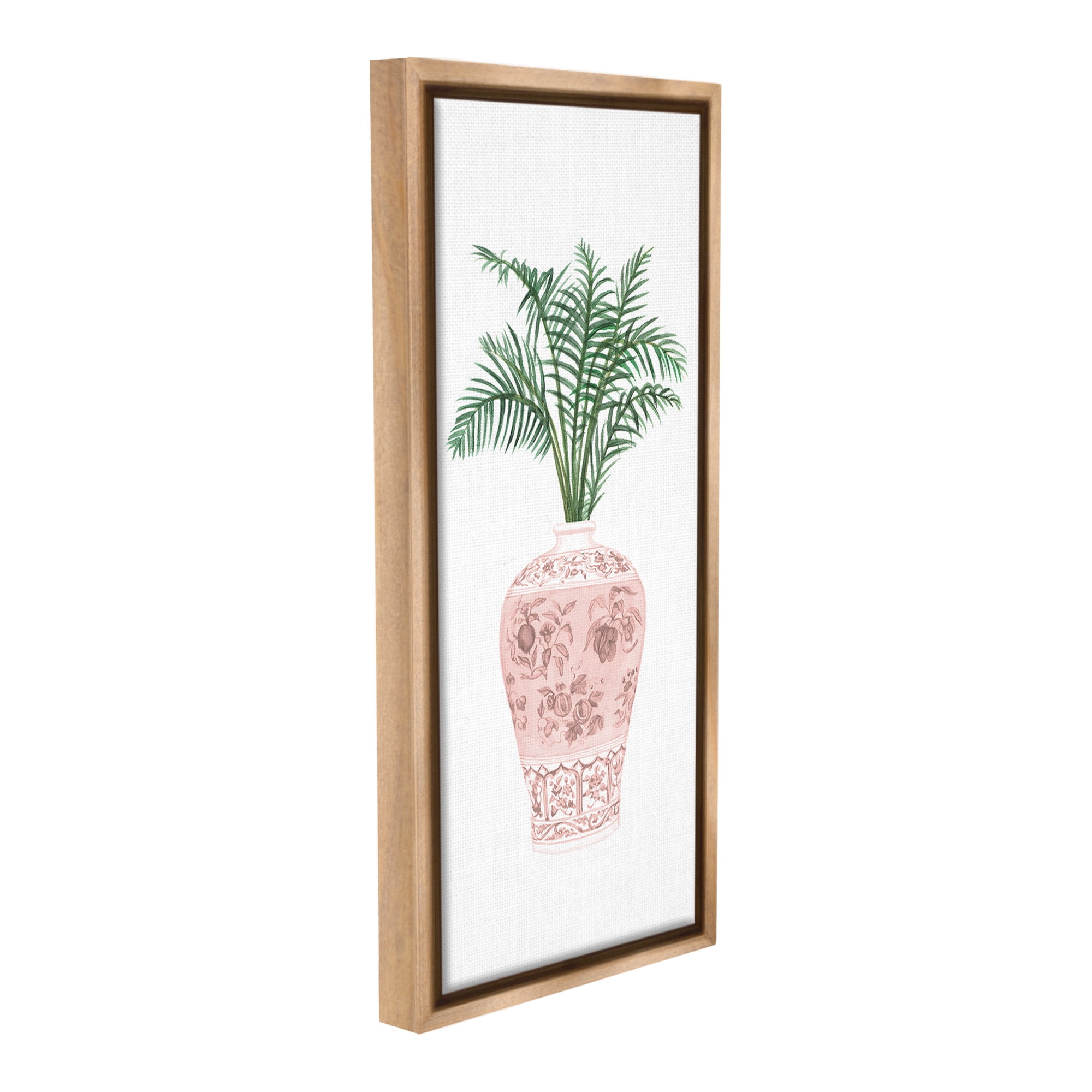 Stupell Industries Palm Leaves in Ornate Vase Botanical & Floral Painting Brown Floater Framed Canvas Art Print Wall Art, 11 x 25