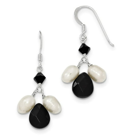 Pearl Black Onyx - Sterling Silver Onyx FW Cultured White Pearl Black Crystal Earrings 9mm x 39mm