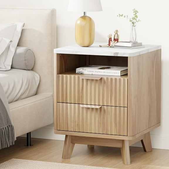 Fluted Nightstand with 2 Drawers, 18" Modern Bed Night Stand with Faux Marble Top, Open Storage Shelf, Curved Edge Bedside Table for Bedroom, Living Room End Side Table, Natural Oak