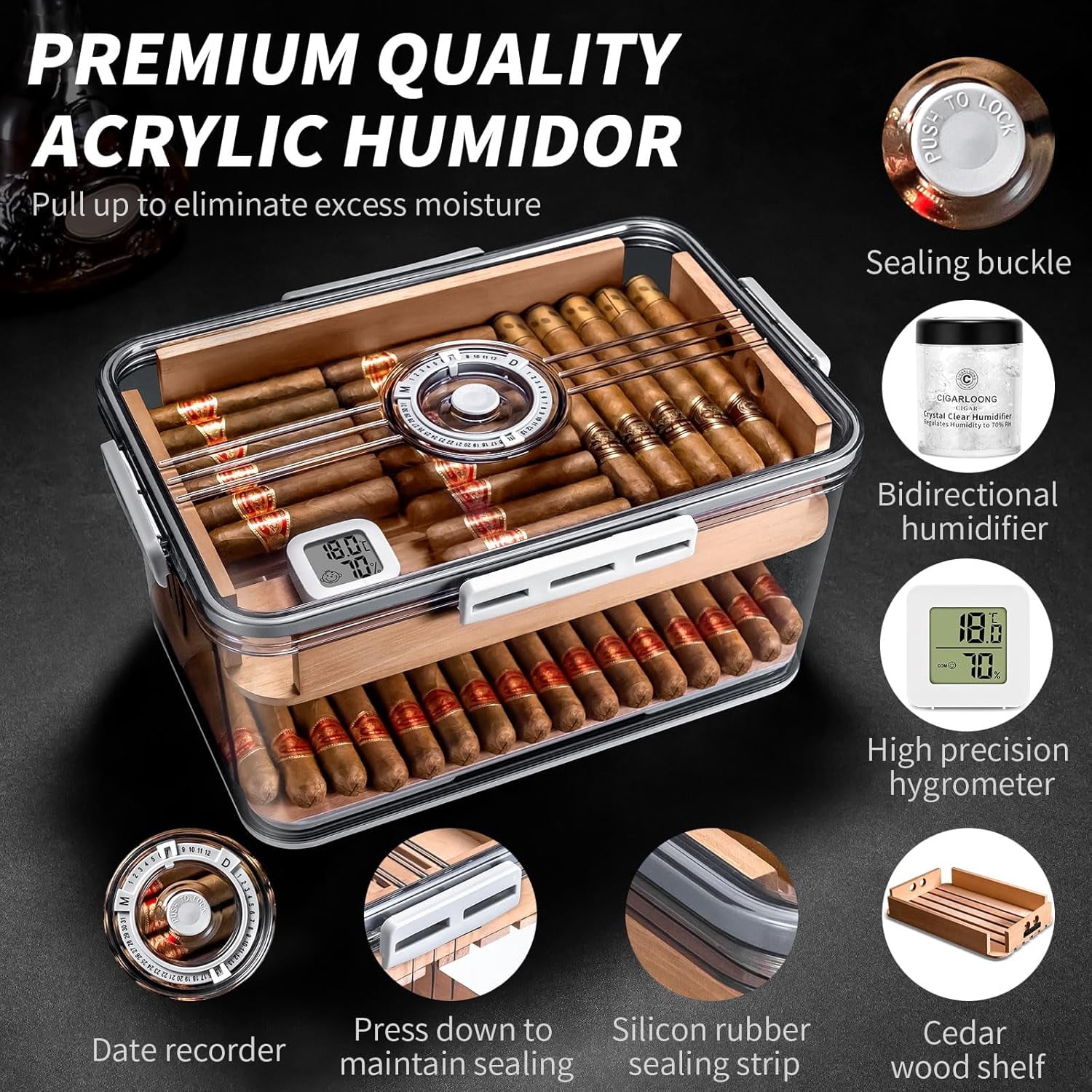 Cigar Humidor Clear Acrylic with Spanish Cedar Shelf Holds 80-100 Cigars Portable Airtight Container