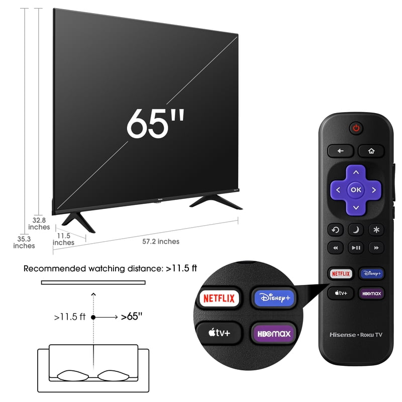 Hisense 65" Class 4K UHD LCD Roku Smart TV HDR R6 Series 65R6E4 front and back view