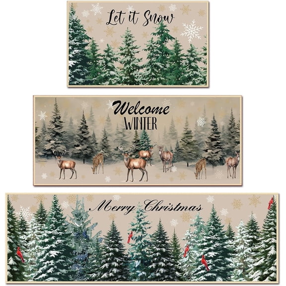3 Pcs 3 Pcs Christmas Kitchen Rug and Mat Set Winter Welcome Absorbent Anti Fatigue Winter Bathroom Mat Non Slip Washable Rug for Xmas Party Decor