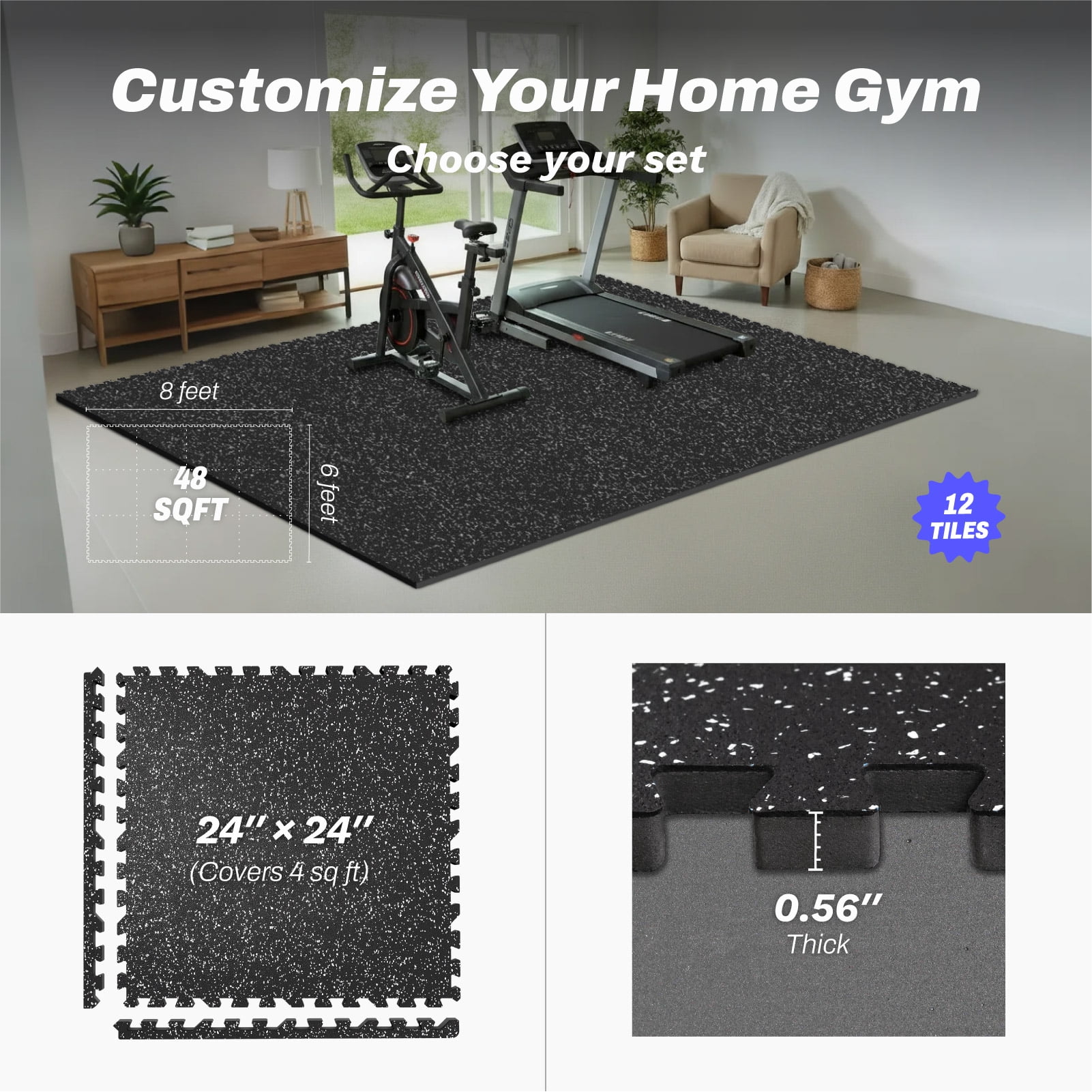 AIRHOP EVA Foam Interlocking Gym Floor Mats, 0.56" Thick, 48 Sq Ft, High-Density Flooring for Home Gym & Garage