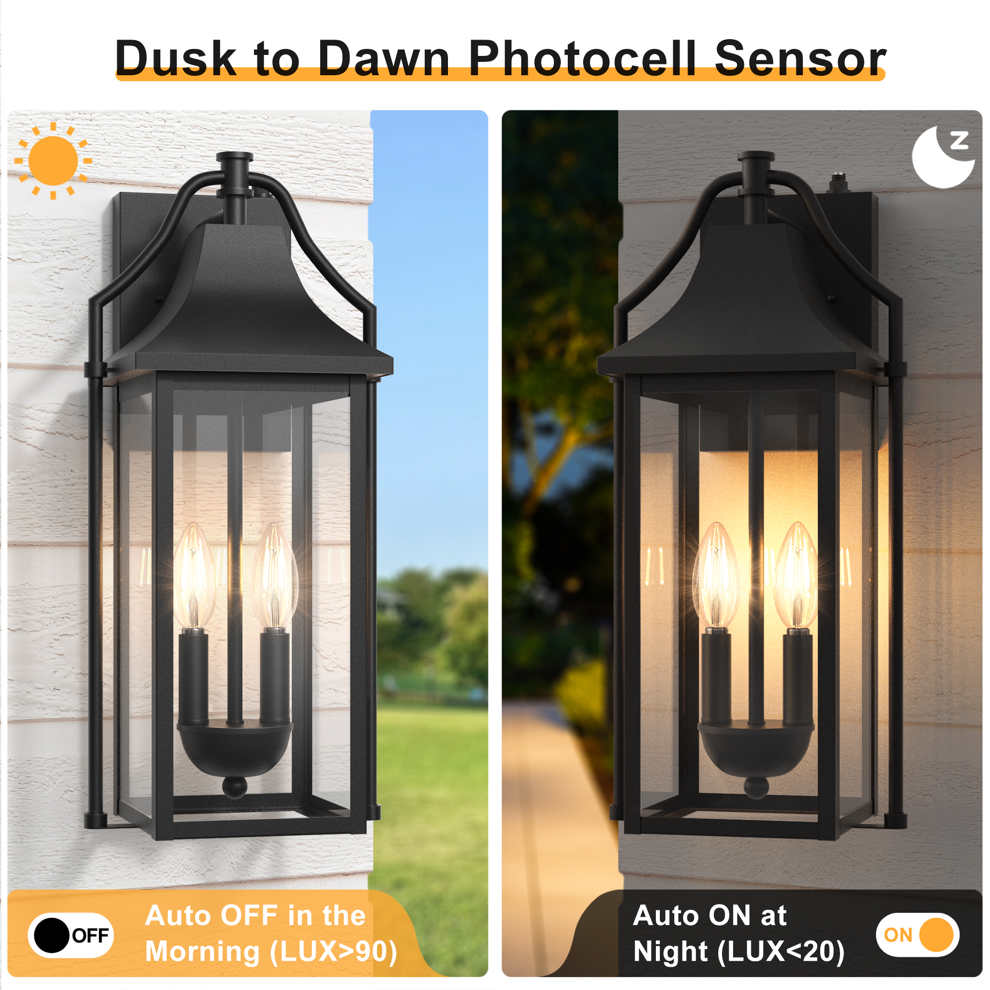 Lawyettle 18" Large Outdoor Wall Lantern with Dusk to Dawn Sensor, 2-Light Waterproof Black Wall Sconce with Glass for Porch, Garage, Front Door, Patio