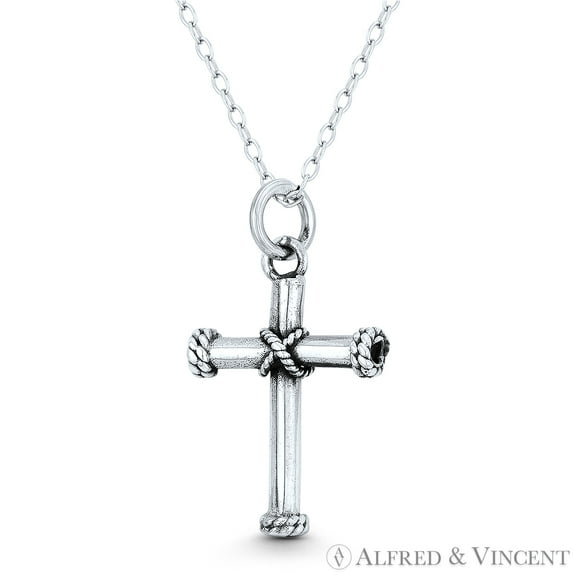 "X" Rope Latin Cross Christian Pendant & Chain Necklace in Oxidized .925 Sterling Silver