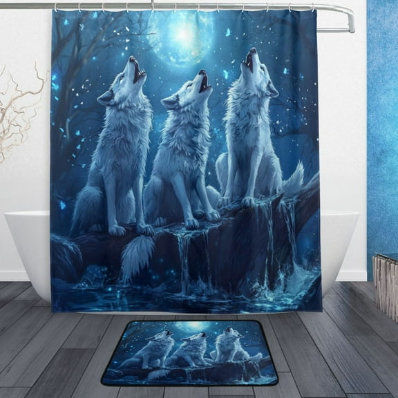 Bath Curtain & Non-Slip Bath Mat Set 12-Grommet Shower Curtain Memory Foam Bath Rug Three Blue Wolves