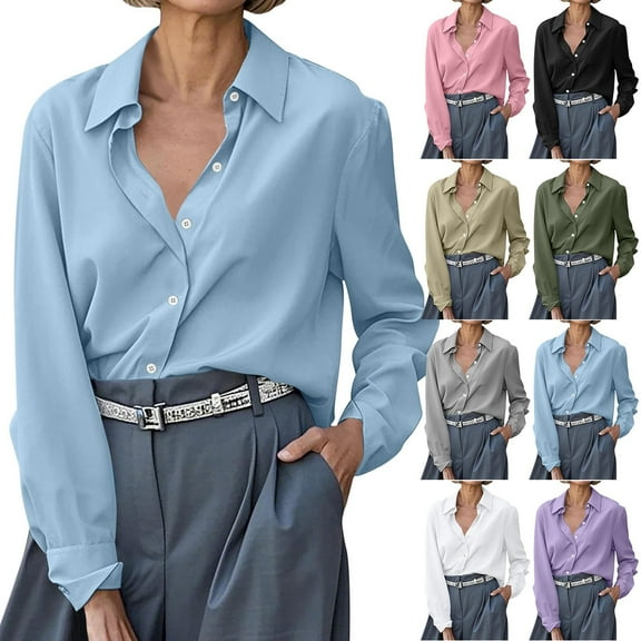 BiZtdJrK Womens Casual Work Collared Blouses Wrinkle Free Long Sleeve Button Down Shirts Loose Fit Solid Business Dress Shirt Blue XL