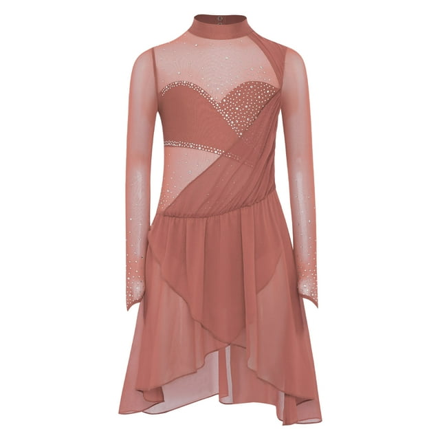 Kaerm Robe de Patinage Artistique pour Filles Manches Longues en Maille Transparente Patchwork Strass Brillants Ourlet Irrégulier Costume Latin Rose Poussiéreux 16