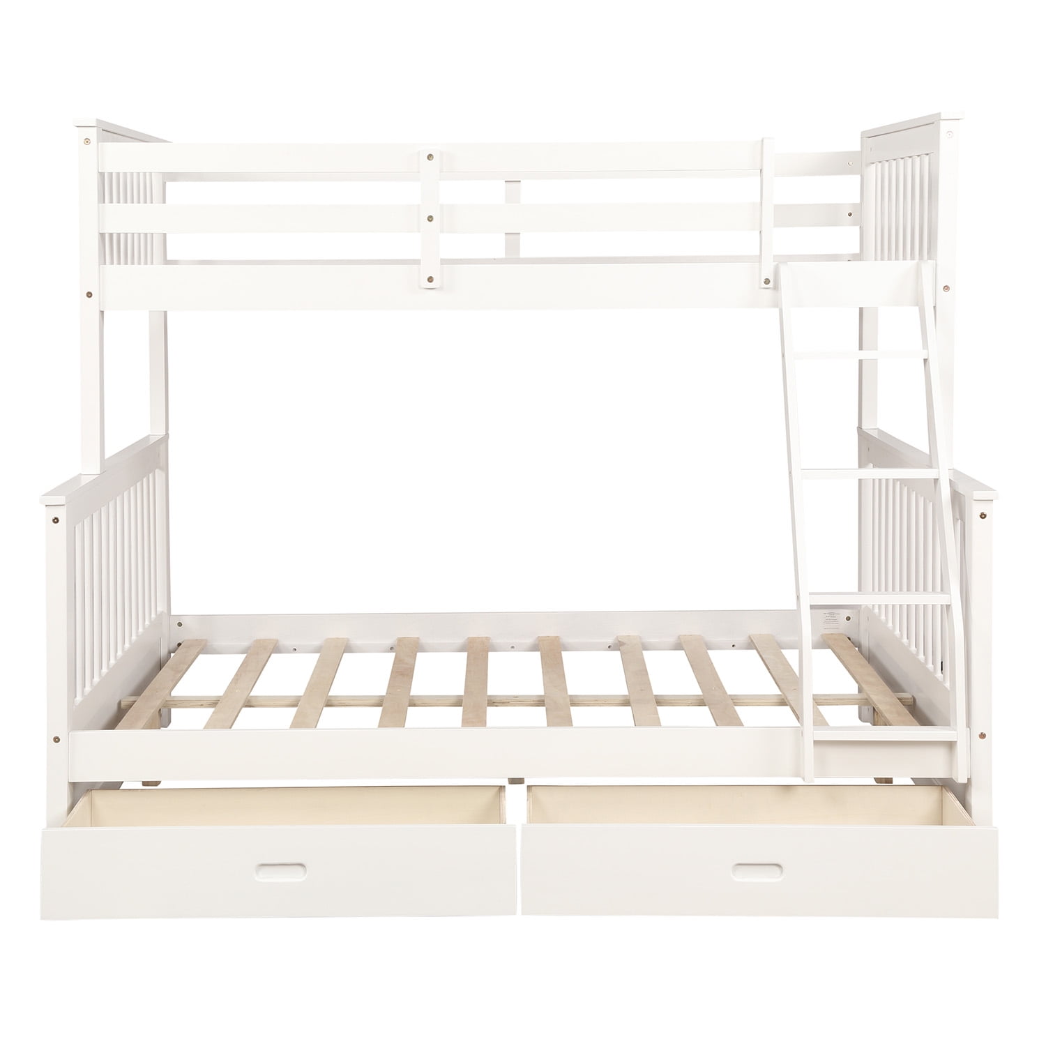 Kepooman Twin-Over-Full Wood Bunk Bed with 2 Storage Drawers & Ladder for Bedroom, 79.53"L x 58.27"W x 66.54"H, White Kepooman Twin-Over-Full Wood Bunk Bed with 2 Storage Drawers & Ladder for Bedroom, 79.53"L x 58.27"W x 66.54"H, White
