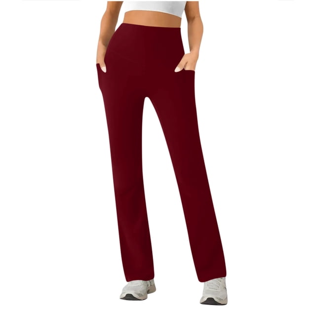 Amzcrzy Pantalones Yoga Mujer Color Liso - Cintura Elástica, Control Abdominal, Corte Acampanado, Leggings Elásticos Cómodos, Bolsillos S-2XL Rojo