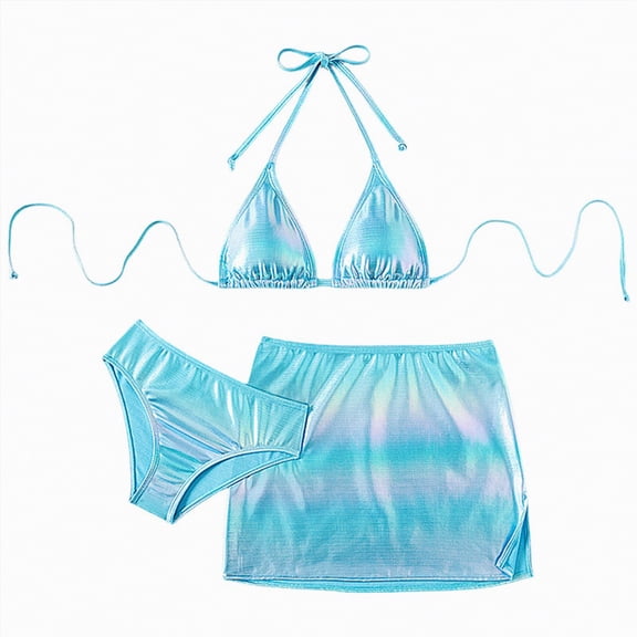Yindaity Bikinis for Girls Girl's 3 Piece Bikini Bathing Suit Printed Sport Swimsuits with Shorts Sets Teen Girl's Swimwear(Blue,14-15 Years)