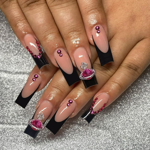 24 Pcs Long Square Press on Nails French Tip Fake Nails Full Cover 3D Rhinestone Acrylic False Nail Tips with Gems Sweet Pink Stick on Nails Long Artificial Nails for Women Manicure Decorations