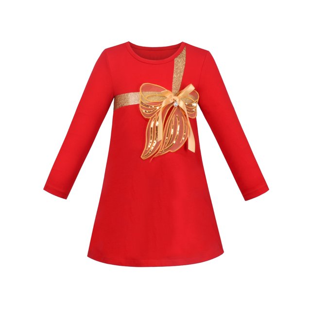 Robe Fille Rouge Noël Papillon Doré Nœud Papillon Manches Longues Coton 7 Ans