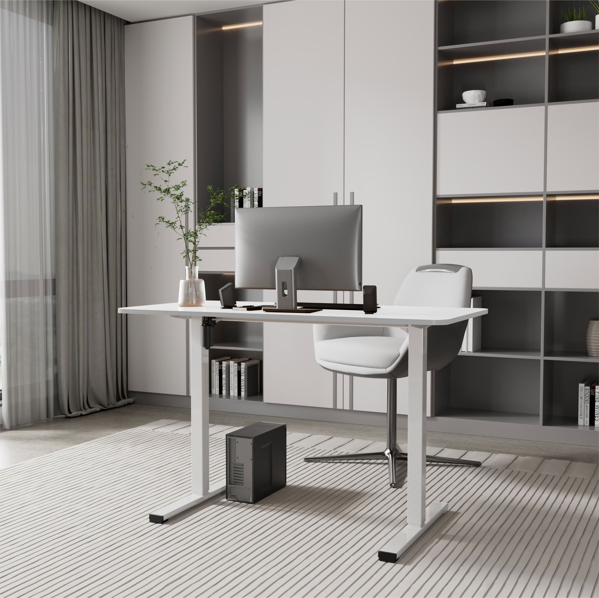 MAYEERTY Electric Standing Desk, Height Adjustable Home Office Ergonomic Sit Stand Up Computer Workstation with Whole Piece Desktop and Motorized Lift System, White