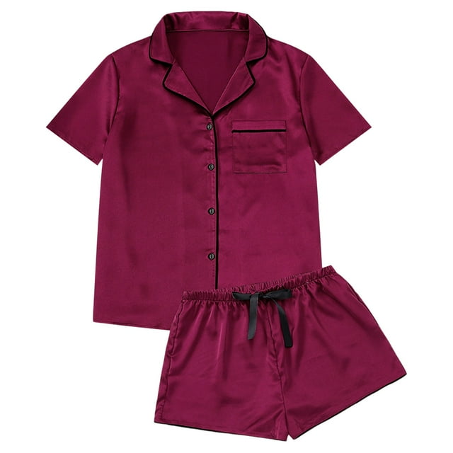 B91xZ Ensemble de Pyjama en Satin pour Femmes, Pyjama à Manches Courtes, Ensemble de Shorts Doux Deux Pièces, Rouge Melon D\'eau L