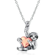 Silver Sloth Necklace Silver Rose Golden Heart Pendant Animal Jewelry Gift for Female