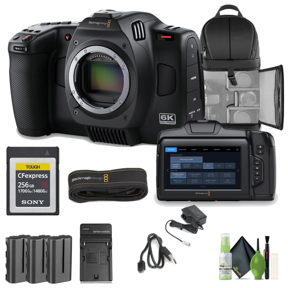 Blackmagic Design Cinema Camera 6K (Leica L) (BM-CINECAM60KLFL) Bundle With NPF550 Battery   Backpack  Professional CFExpress Type B 64GB Memory Card   Cleaning Kit