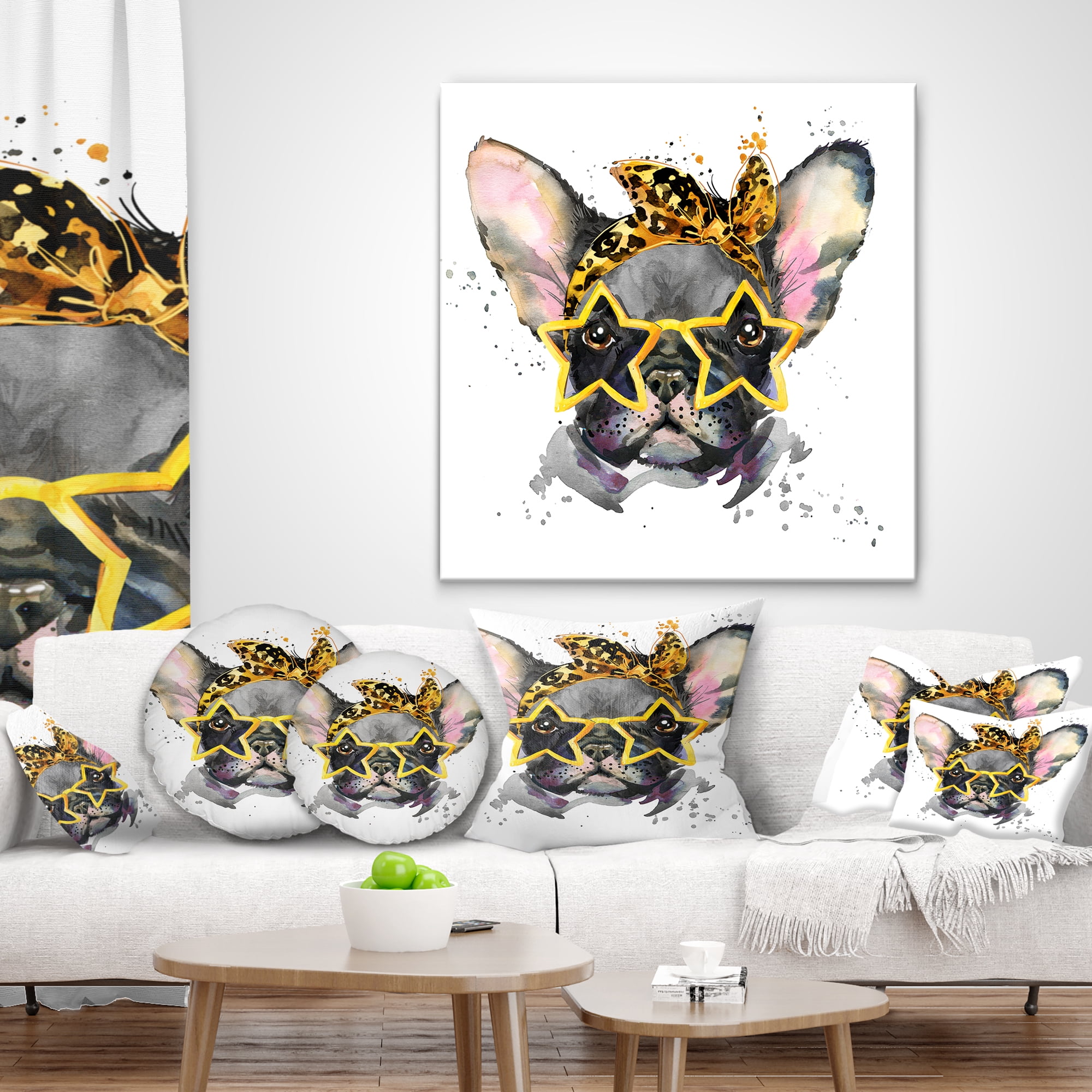 Designart French Bulldog with Star Glasses - Animal Throw Pillow - 12x20