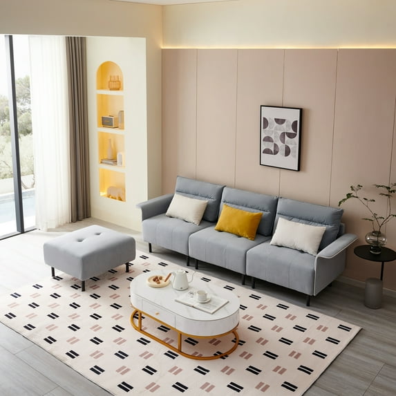 Holaki 101.97" Wide Suede Reversible Modular Sectional Sofa & Chaise with Ottoman and 3 Pillows, Gray