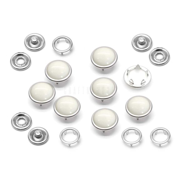 CRAFTMEMORE 20 Sets 12mm Pearl Snaps Fasteners Pearl-Like Prong Snap Button for Western Shirt Clothes Popper Studs - Silver Brass Rim Setting (12 mm, White)