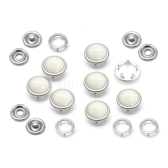 CRAFTMEMORE 20 Sets 12mm Pearl Snaps Fasteners Pearl-Like Prong Snap Button for Western Shirt Clothes Popper Studs - Silver Brass Rim Setting (12 mm, White)