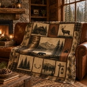 Vintage Lodge Wildlife Flannel Blanket with Bear, Elk, Cabin, Pinecones and Mountain Lake, Rustic Patchwork Throw for Couch Bed Cabin Retreat, 50 x 60 in