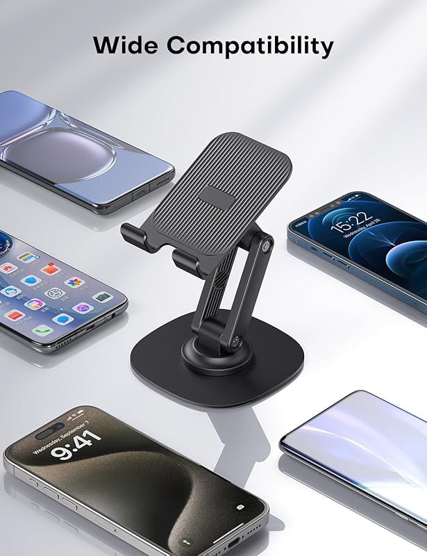 Cell Phone Stand for Desk, 2 Pack Adjustable Foldable Phone Holder, 360 Swivel Mobile Stand Fit for iPhone 16 15 14 13 12 Pro Max and All Smart Phones, Black & White