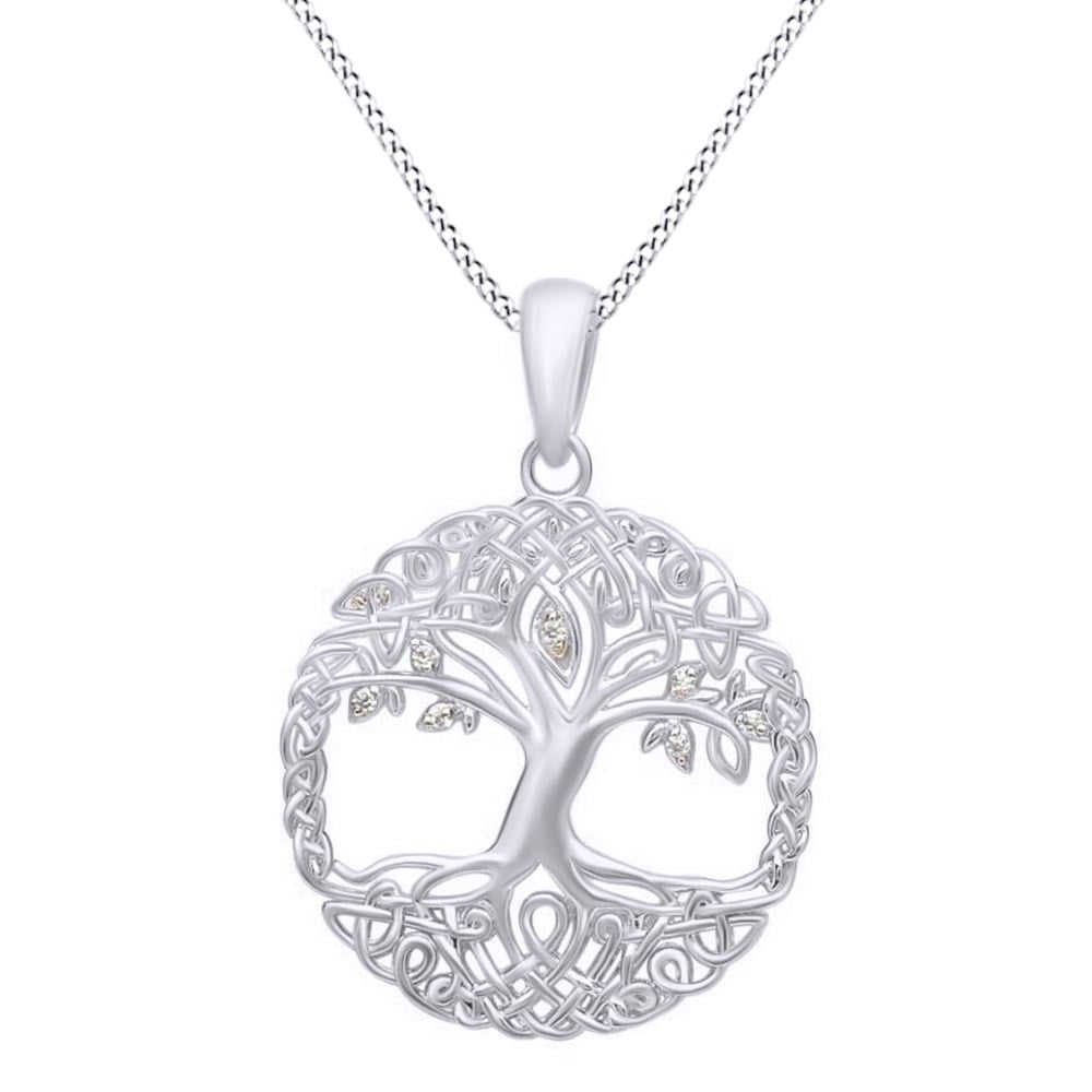 Jewel Zone US Tree Of Life Cubic Zirconia Pendant Necklace White Gold