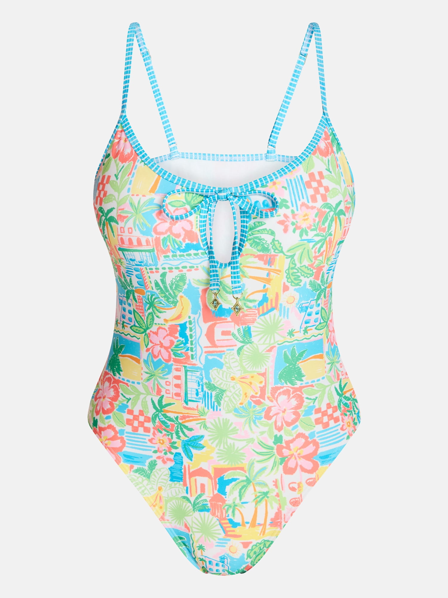 No Boundaries Scoop Neck One Piece Swimsuit with Keyhole, Women's XXS-XXL