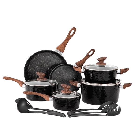 Sophia & William 15 Pieces Kitchen Nonstick Granite-Coated Cookware Set - Black