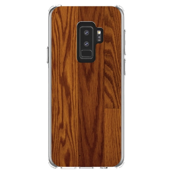 DistinctInk Clear Shockproof Hybrid Case for Samsung Galaxy S9  PLUS (6.2" Screen) - TPU Bumper, Acrylic Back, Tempered Glass Screen Protector - Dark Wood Floor Print - Printed Wood Grain Image