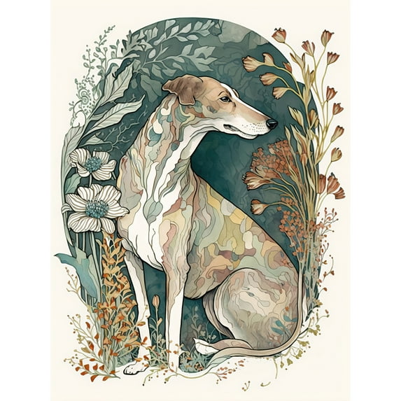 Greyhound Dog in Flower Field Modern Pastel Boho Watercolour Illustration Unframed Wall Art Print Poster Home Decor Premium