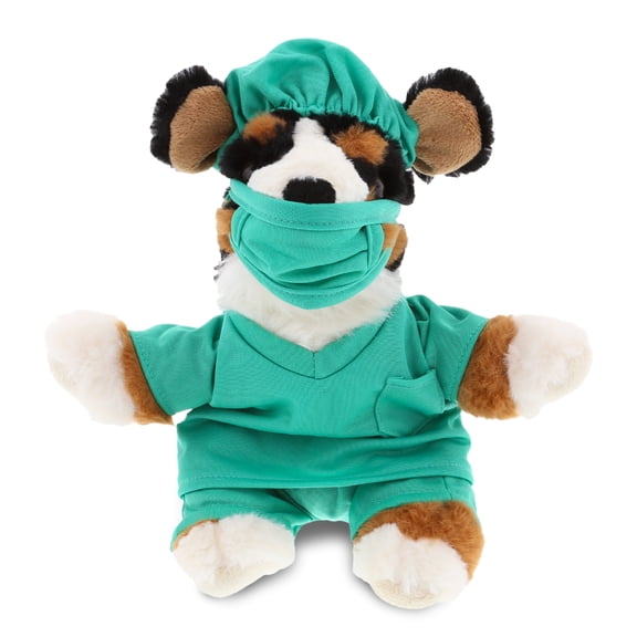 DolliBu Bernese Dog Doctor Plush Toy - Super Soft Bernese Dog Doctor Stuffed Animal Dress Up with Cute Scrub Uniform & Cap Outfit - 8" Inches