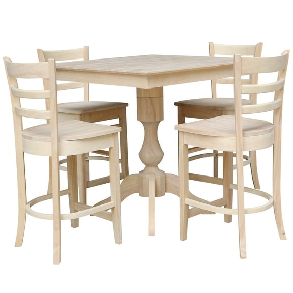 International Concepts 36" x 36" Square Top Pedestal Table With 4 Counter Height Stools (Set of 5) - Unfinished