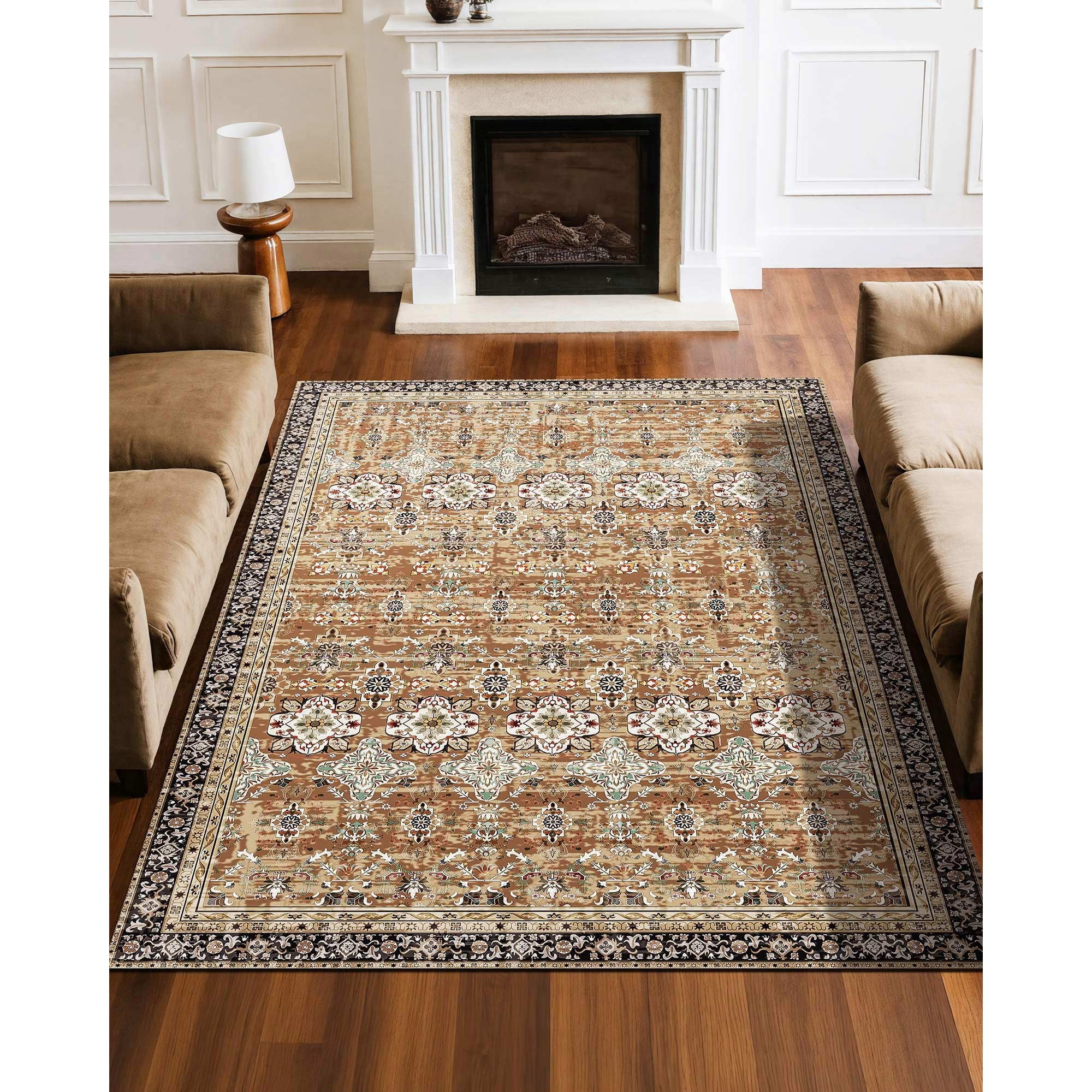 KFFKFF 6 x 9 ft Washable Area Rug, Soft and Durable Non-Slip Carpet, Tear-Resistant Indoor Mat for Bedroom, Living Room, Entryway, Pet Friendly, Brown Green