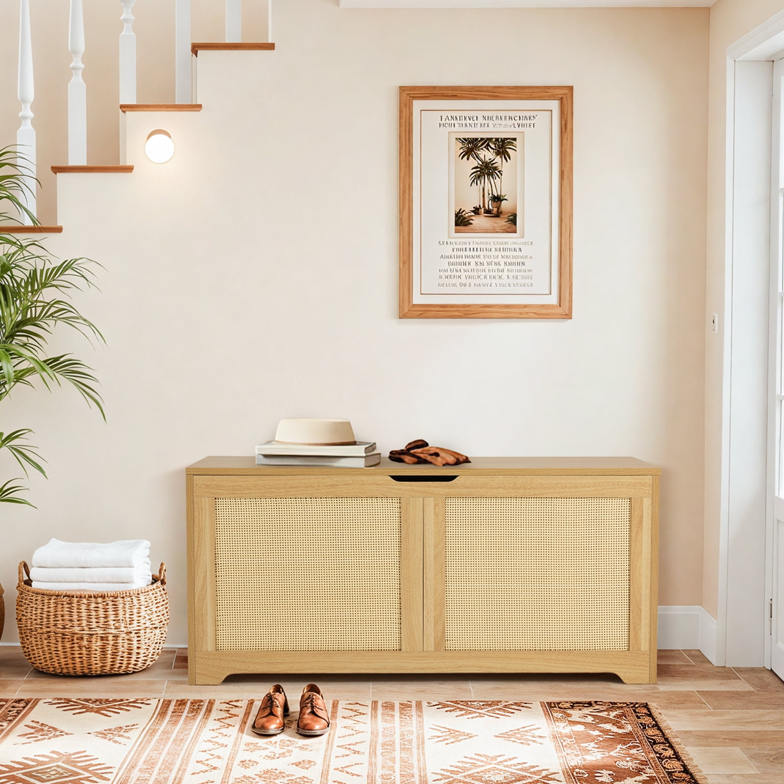Erinnyees 39.4" Rattan Storage Chest, Storage Bench, Toy Chest, Shoe Bench, with Double Soft - Close Hinges, for Entryway, Bedroom, Living Room, Supports 300 lb
