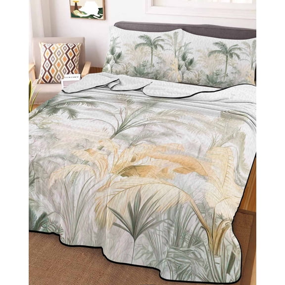 Green Yellow Palm Tree Twin XL Size Down Alternative Comforter, Lightweight Comforter Quilt Bedding Set with Pillow Shams Summer Botanical Tropical All Seasons Bed Comforter Duvet Insert 68"x98"
