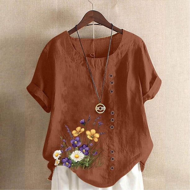 TaTaai Casual Printed Button Blouse, Women's Short Sleeve Linen Feel T-Shirt, Comfortable Top for All Seasons Gift