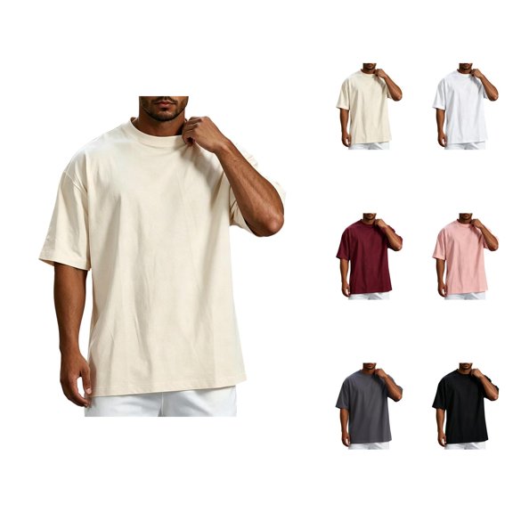 Mens Oversized T Shirt Summer Solid Drop Shoulder Crew Neck Elbow Sleeve T Shirts for Man Casual Tops
