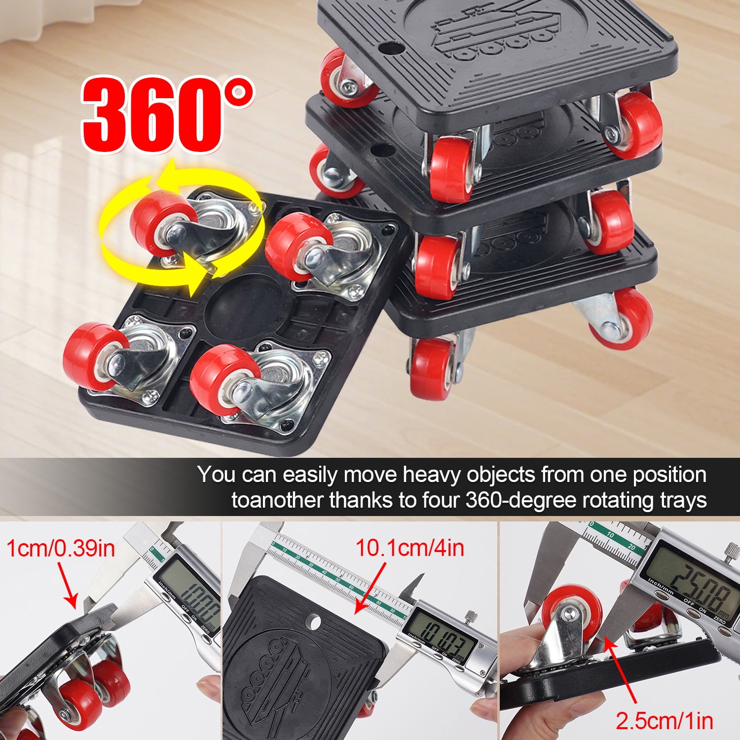 Vorfor Heavy Duty Furniture Lifter Movers Dolly Wheel Roller Bar Hand Tools Set with 360°Rotation 4 Wheels Small Flat Dolly, 880 Lbs Capacity, Black