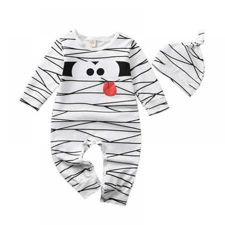 

LOVEBAY Baby Halloween Clothes Girl Boy Outfits Infant Long Sleeve Jumpsuits Ruffle Tops Romper Bodysuit Clothes with Headband