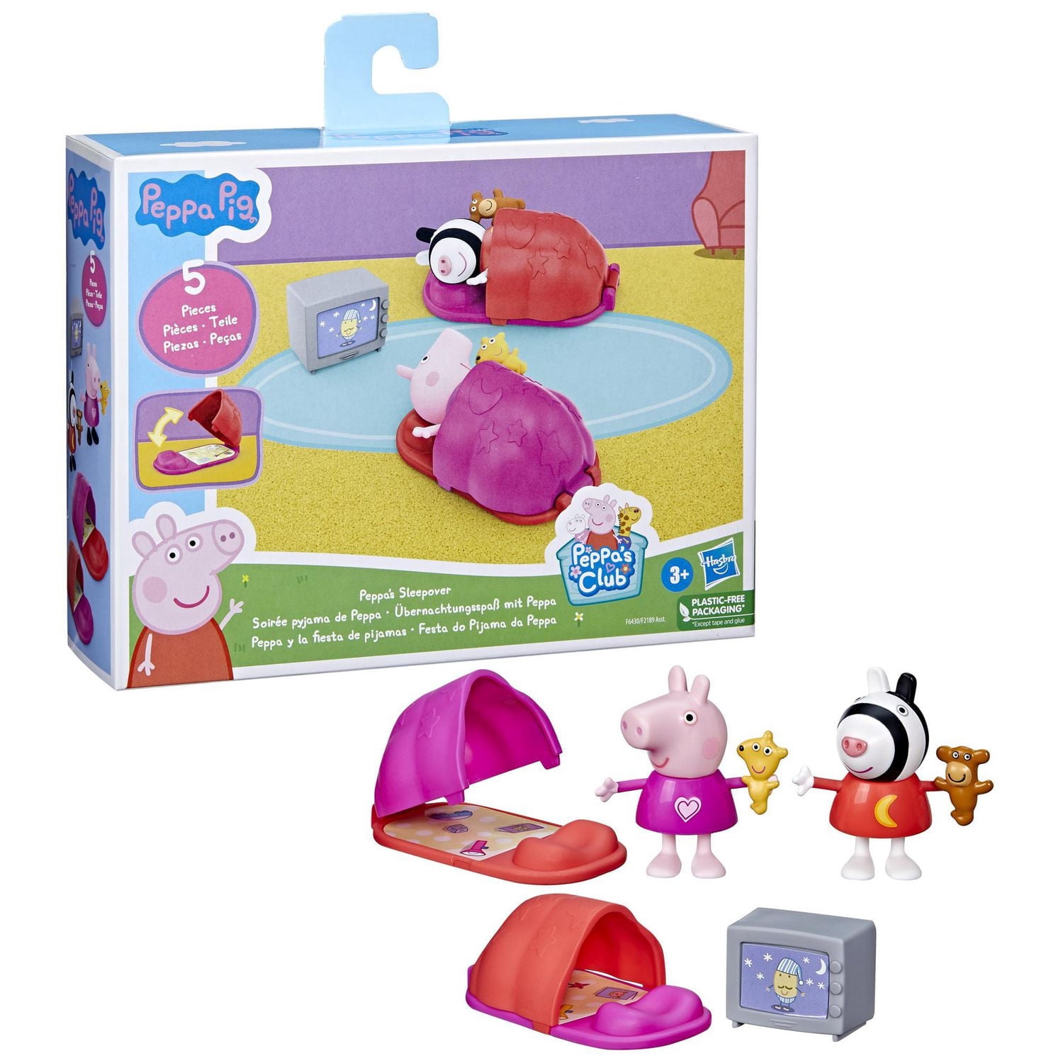 Peppa Pig, coffret Soirée pyjama de Peppa, 2 figurines et 3 accessoires thématiques, jouet préscolaire